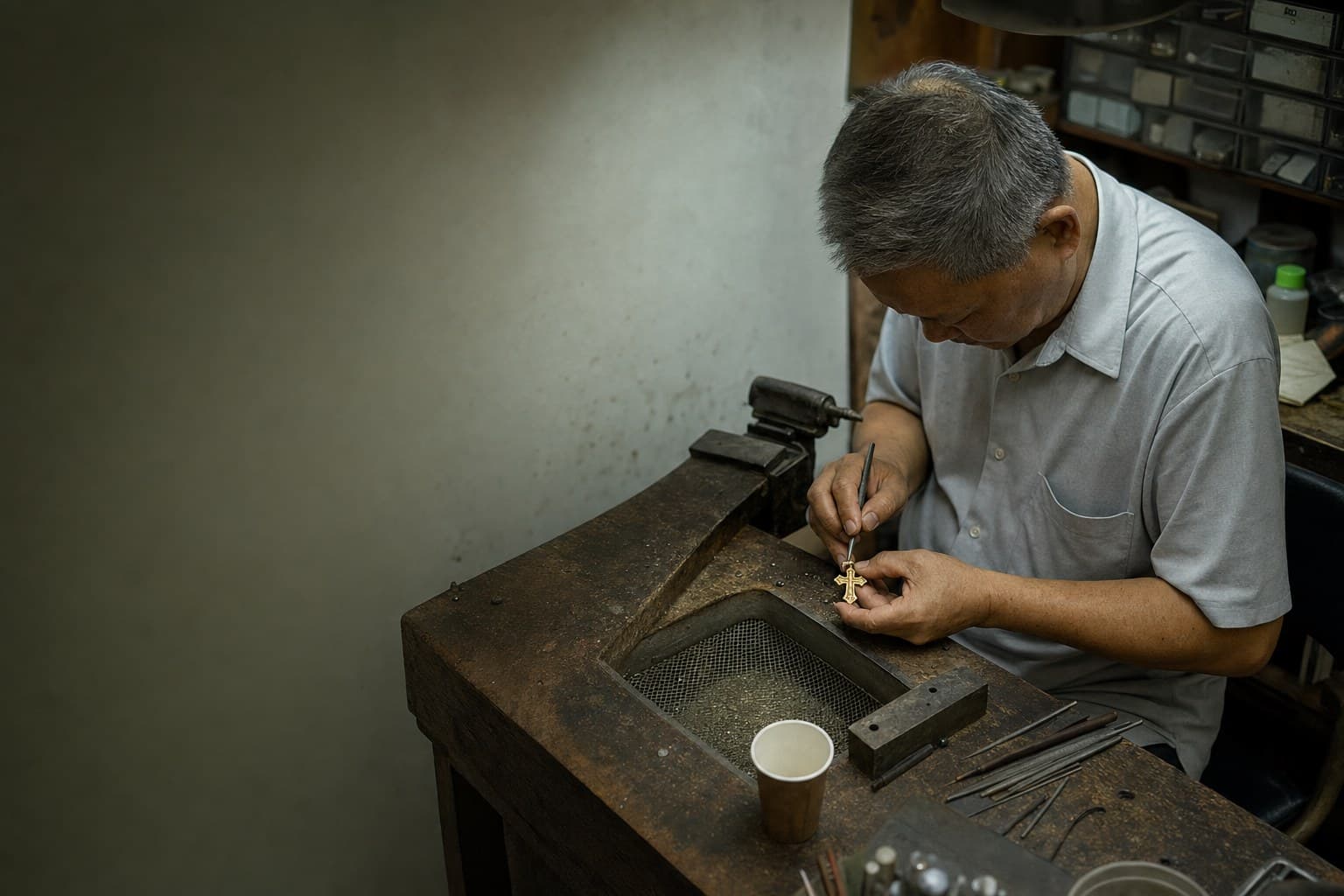An older craftsman leaning over his workbench in a Singapore workshop, finishing a small 18K gold Kainos cross by hand, tools and a paper coffee cup within reach