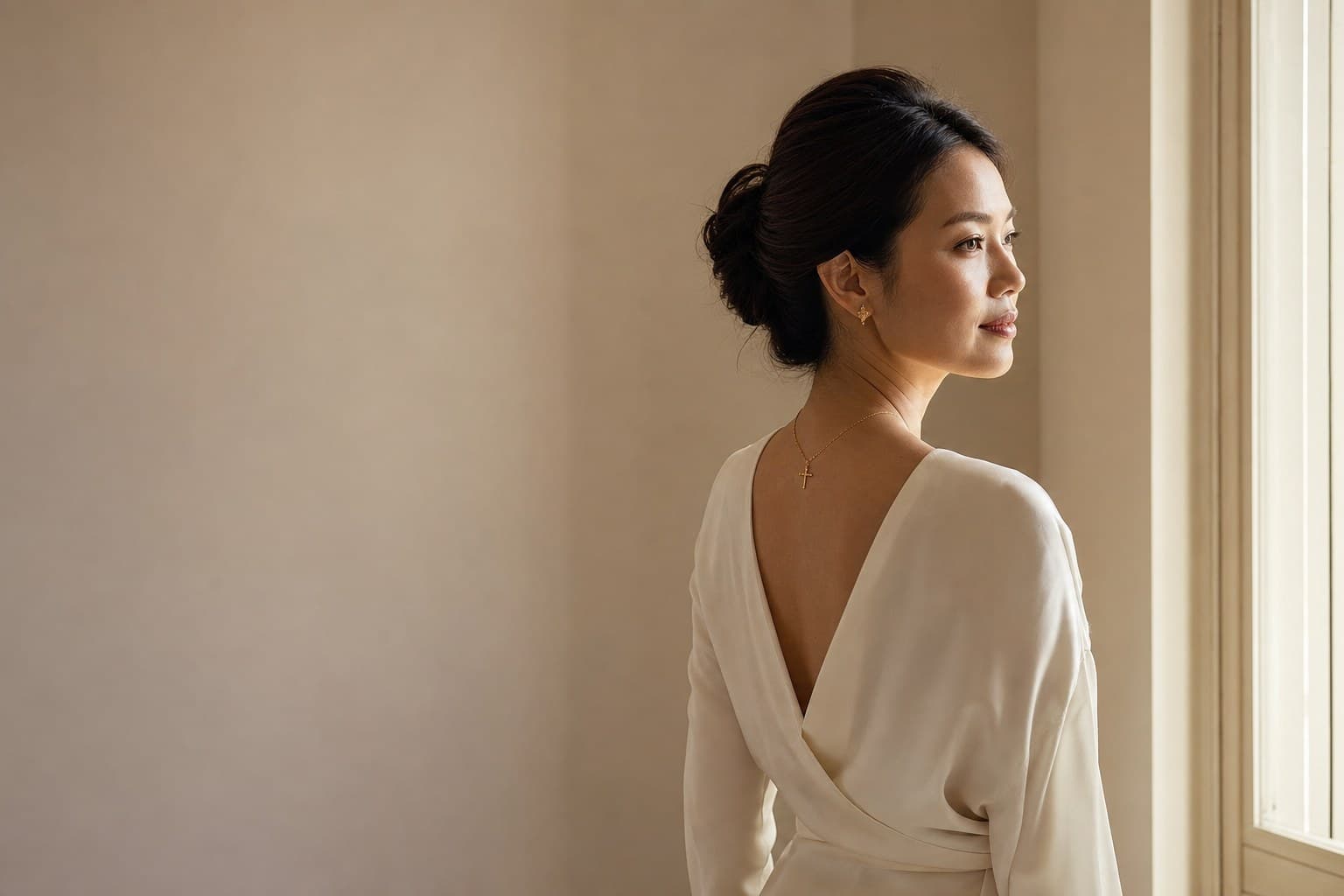 A woman turning toward window light, wearing a fine 18K gold Kainos cross at her collarbone