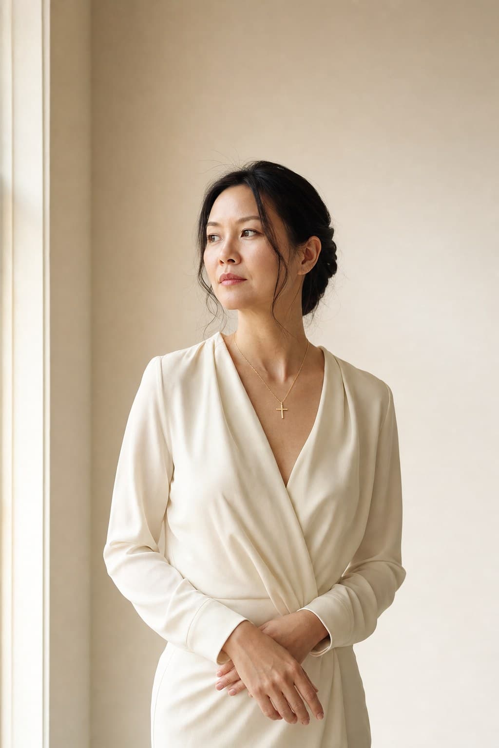 A woman in formal ivory attire wearing a slender 18K gold Kainos cross at her collarbone