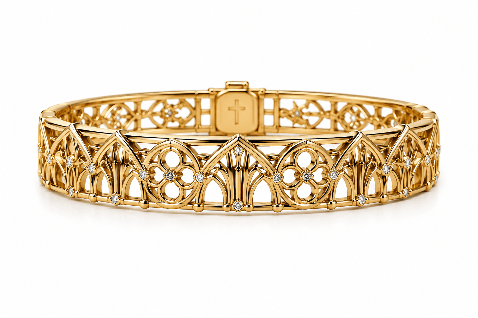The Unity Band: an 18K solid yellow gold bangle with a Gothic arch and quatrefoil tracery, pave-set with natural diamonds, a cross marked on the box clasp