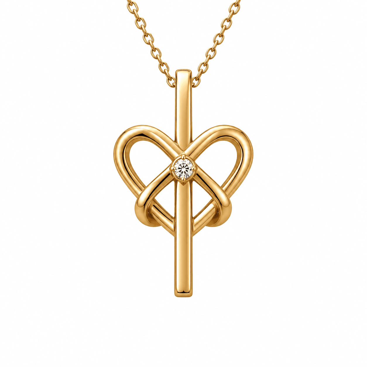 The Unbroken: an 18K solid yellow gold cross with a woven, knotted heart at its centre, no clasp or seam, a diamond set at the point every strand locks