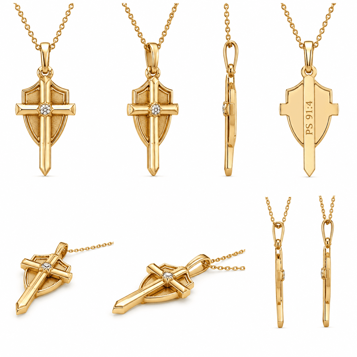 The Covering: an 18K solid yellow gold cross set within a fine shield outline, a single natural diamond bezel-set at the crossing
